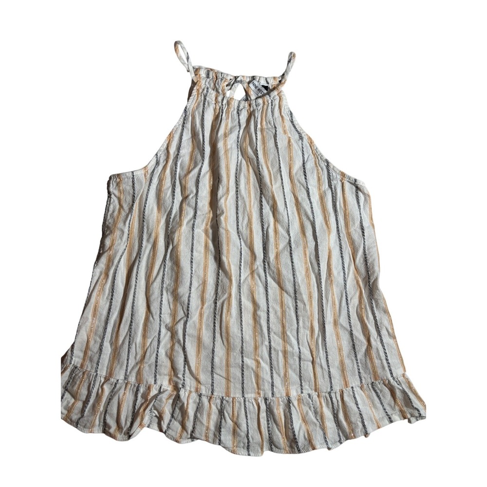 Nine West Womens L Halter Top Gold Metallic Stripe Ruffle Coastal Boho Festival